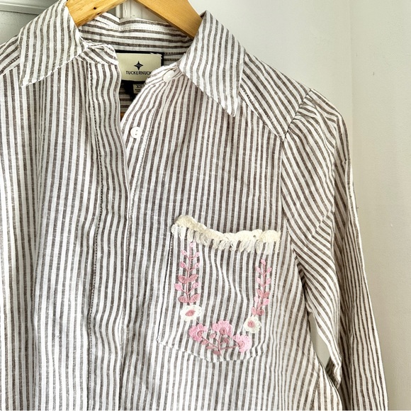 NWT Tuckernuck Callahan Tan Stripe Embroidered Long Sleeve Mini Dress - Picture 6 of 10